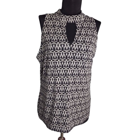 WHBM Outlet L Tank Top Black White Geometric Print Sleeveless Keyhole Neckline - Picture 1 of 9